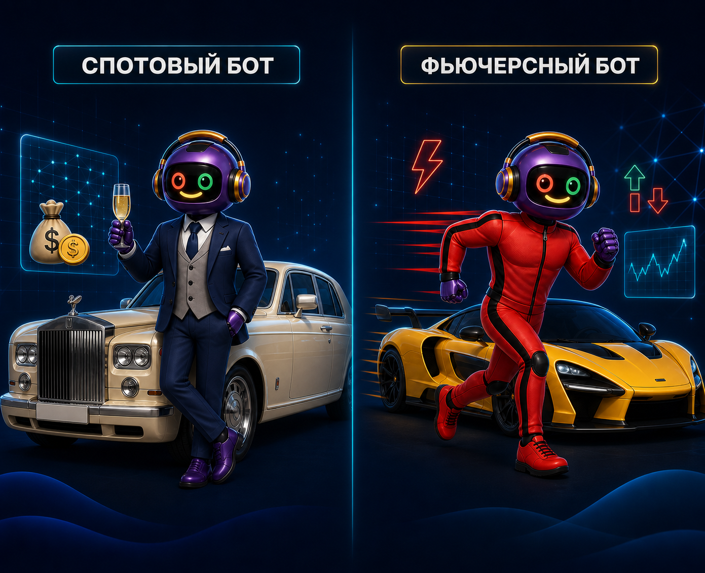 Маскот GRID Family сравнивает спотового и фьючерсного грид-ботов